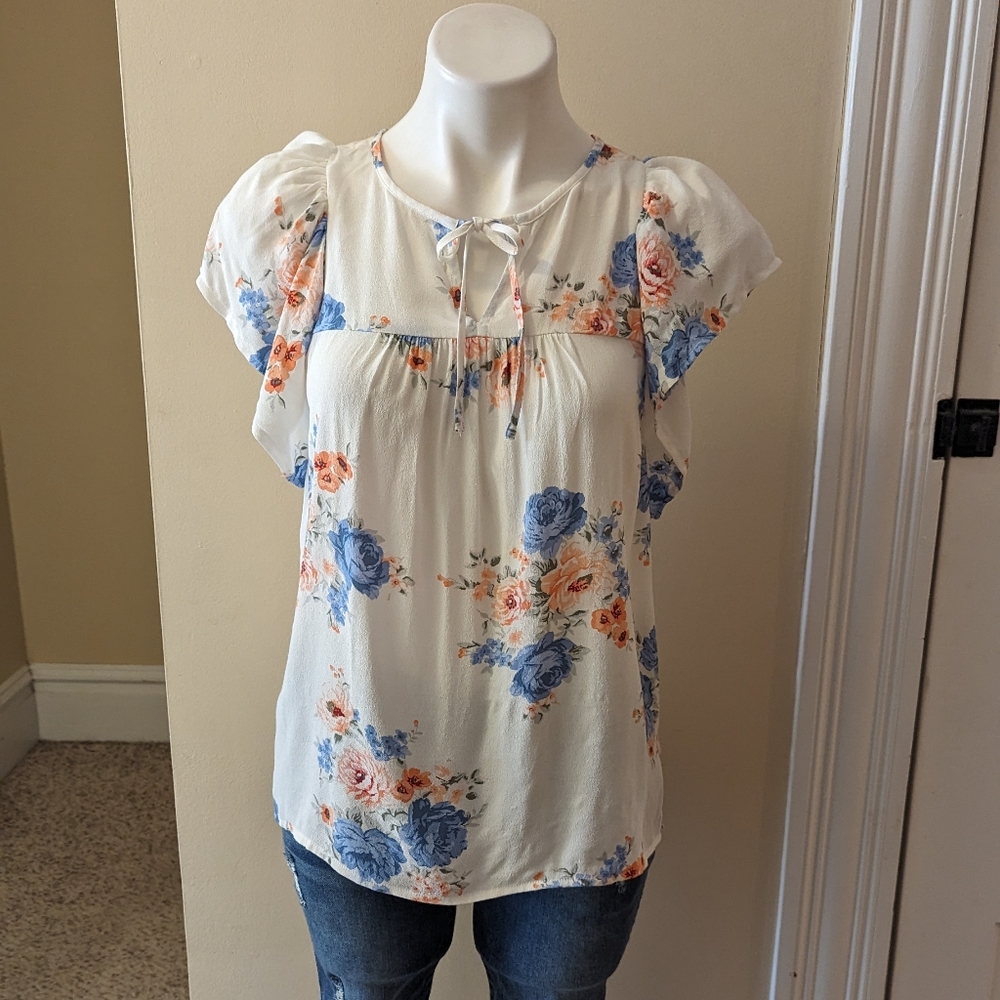 LOFT white with pastel blue and peach floral print top size XXSP
